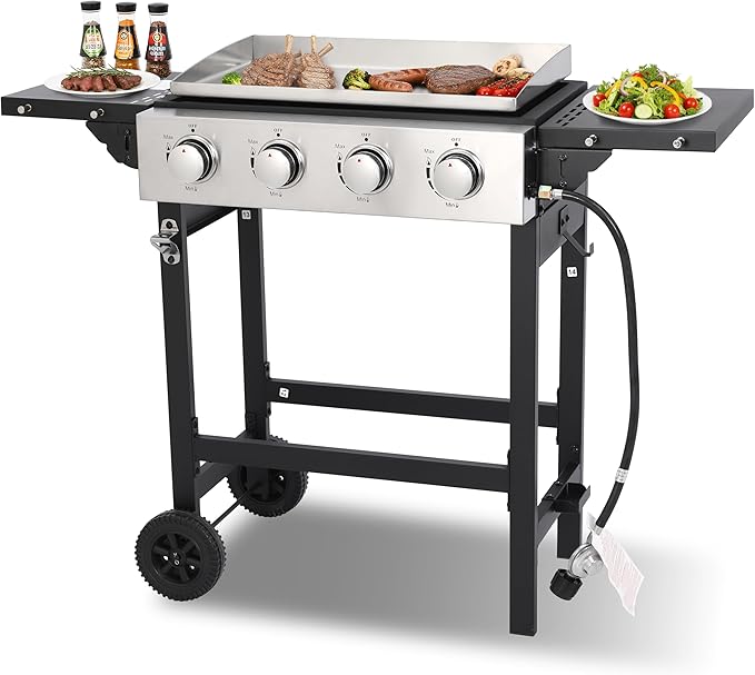 Portable 4-Burner Flat Top Grill with Folding Tabletop Design & Integrated Cart - 38,200 BTU Propane Griddle for Outdoor Cooking, Camping, Tailgating