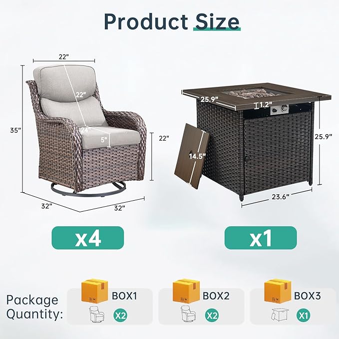 Outdoor Swivel Rocker Patio Chairs Set of 4 with Fire Table - 5" Thick Cushion 5 Piece Furniture Set with Fire Pit Table All Weather Wicker Conversation Set for Porch Deck - Brown/Beige