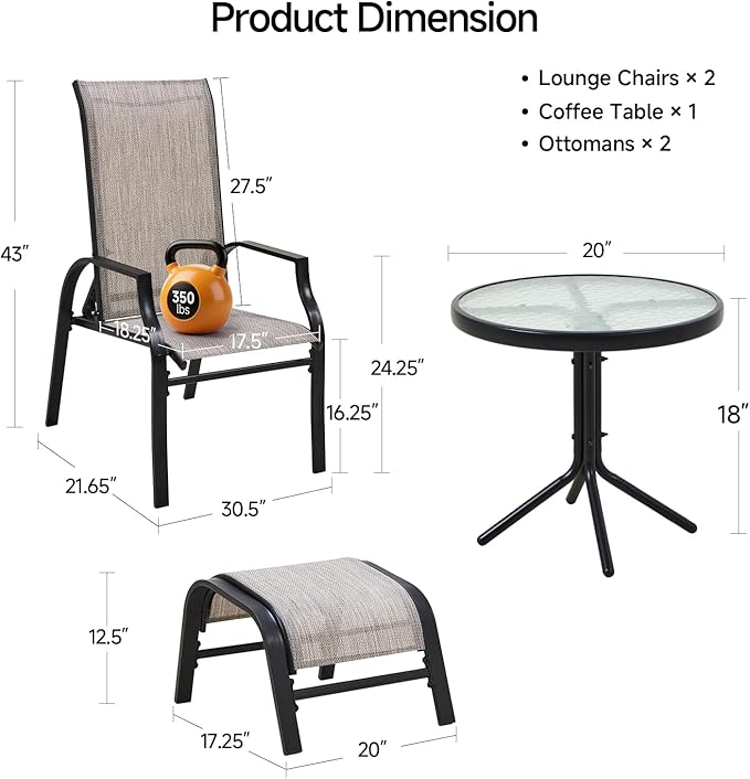 5 Pieces Patio Bistro Set with 2 Patio Chairs and 2 Ottomans, Outdoor Furniture Set with with a Table and Chairs for Poolside, Balcony, Porch, Lawn, Deck, Garden