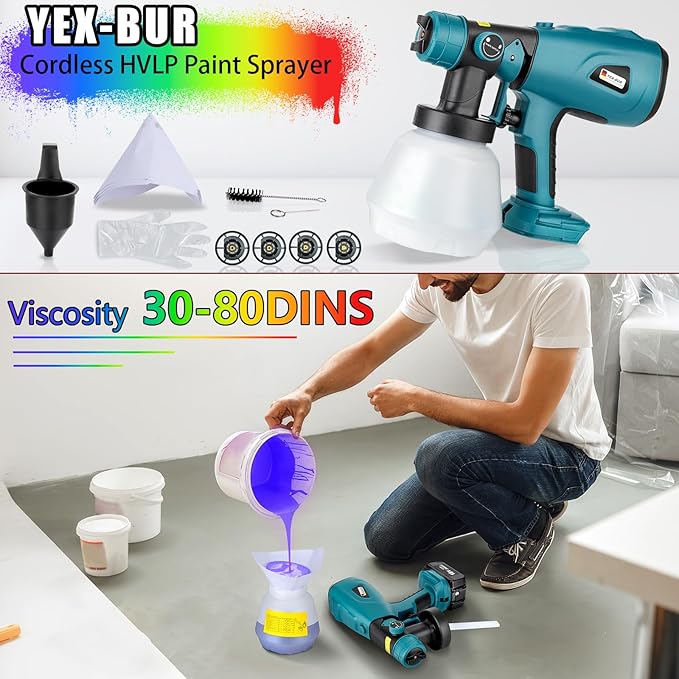 YEX-BUR Cordless Paint Sprayer for Makita 18V Battery, Handheld HVLP Spray Gun for Furniture Fence Cars Walls DIY Works House Painting(Battery Not Included)