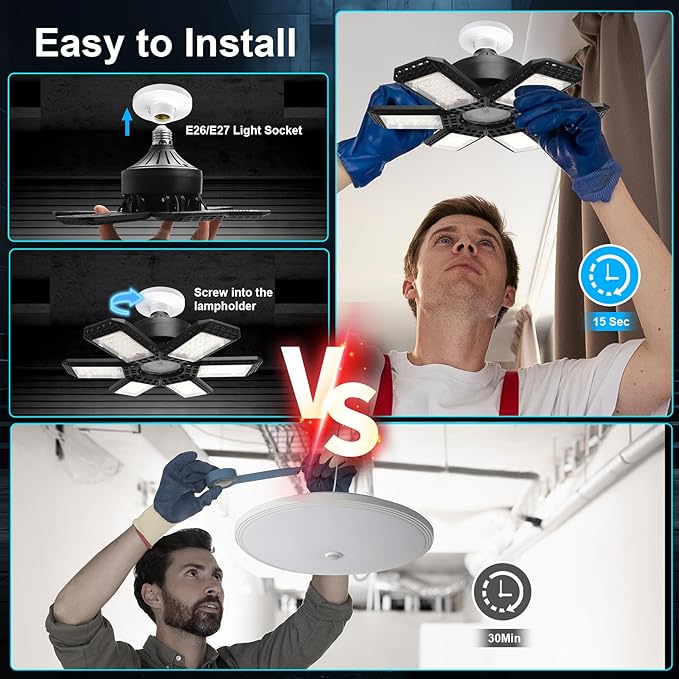 2 Pack Garage Light, 200W 20000LM 6500K LED Shop Lights, LED Garage Ceiling Lights with 6+1 Adjustable Panels for Basement, Barn, Warehouse, Attic Lighting Support E26/E27 Socket