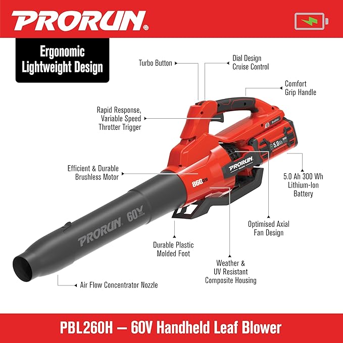 PRORUN 60V 810 CFM 190 MPH Cordless Handheld Leaf Blower with 5.0 Ah Battery and Charger