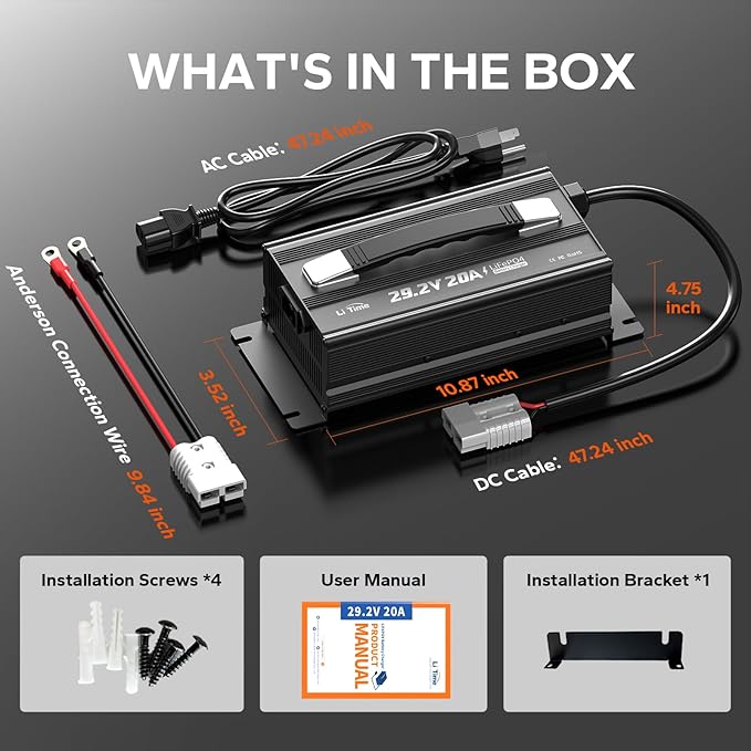 LiTime 24V 20A LiFePO4 Battery Charger, 29.2V Smart Charger with 0V Activation Function, AC-DC Lithium Charger with Anderson Connector & LED Indicator for RVs, Off-Grid, Homes, and Solar Systems