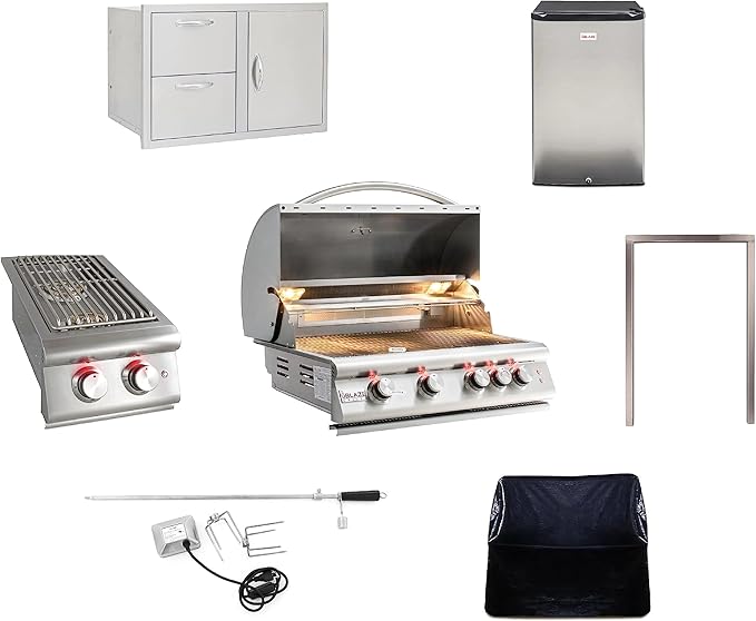 BLAZE BBQ Outdoor Package of 40” LTE Built-in Gas Grill, LTE Built-In Double Side Burner, 32” Door & Two Drawers Combo, 20” Refrigerator and Accessories (Grill Cover, Fridge Trim, and Rotisserie Kit)