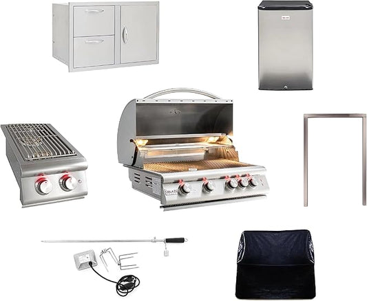 BLAZE BBQ Outdoor Package 12 of 32” LTE Built-in Natural Gas Grill, Double Side Burner, 32” Door & Two Drawers Combo, 20” Refrigerator, Grill Cover, Fridge Trim, Rotisserie Kit and Accessories
