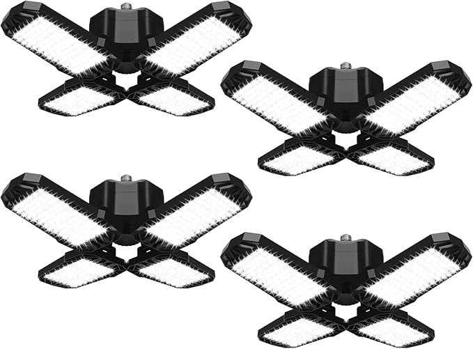 4 Pack LED Garage Light, 150W 15000LM 6500K LED Shop Lights, Garage Lights Ceiling Led with 4 Deformable Panels, Screw in E26/E27 Bulb Socket for Warehouse, Basement, Attic, Barn, High Bay Lighting