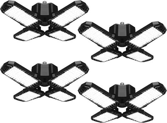 4 Pack LED Garage Light, 150W 15000LM 6500K LED Shop Lights, Garage Lights Ceiling Led with 4 Deformable Panels, Screw in E26/E27 Bulb Socket for Warehouse, Basement, Attic, Barn, High Bay Lighting