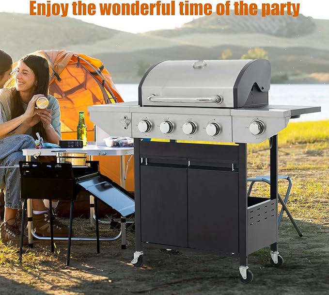 Propane Grill 4 Burner Barbecue Grill Stainless Steel Gas Grill with Side Burner, 46,500 BTU Outdoor Cooking, Patio, Garden Barbecue Grill, Black and Silver