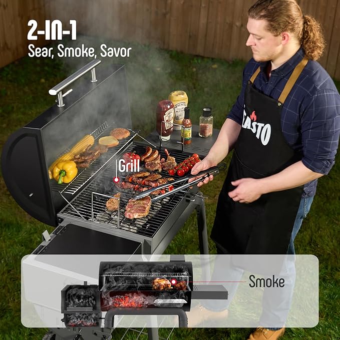 BBQ Charcoal Grill with Offset Smoker Grill and Side Table, 30-In Heavy-Duty Outdoor BBQ Grill with 832 Sq. In. Cooking Space for Outdoor Barbecue in Backyard, Patio and Parties, Black