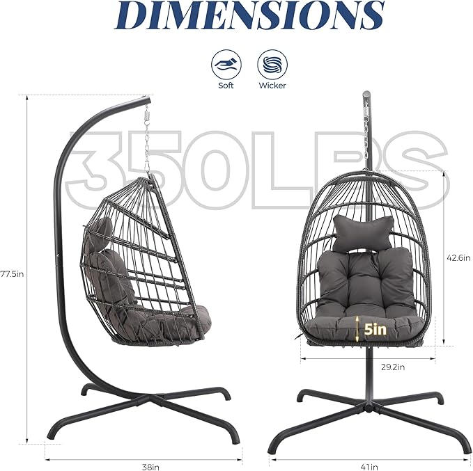 BLUEXYARD Outdoor Egg Chair Swing with Stand and Cover, 350 Lbs Rattan Wicker Egg Hanging Chair with Cushion, Compact Foldable Basket Hammock for Balcony Apartment Garden Backyard Bedroom, Dark Grey