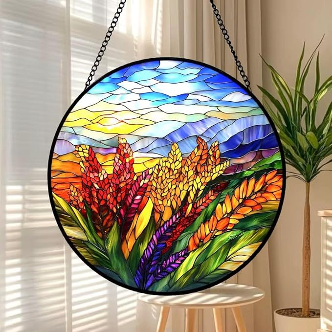 Stained Glass Window Hanging - The Season of Golden Wheat Harvest Suncatcher fof Garden Home Decor for Women Mon Grandma Friends