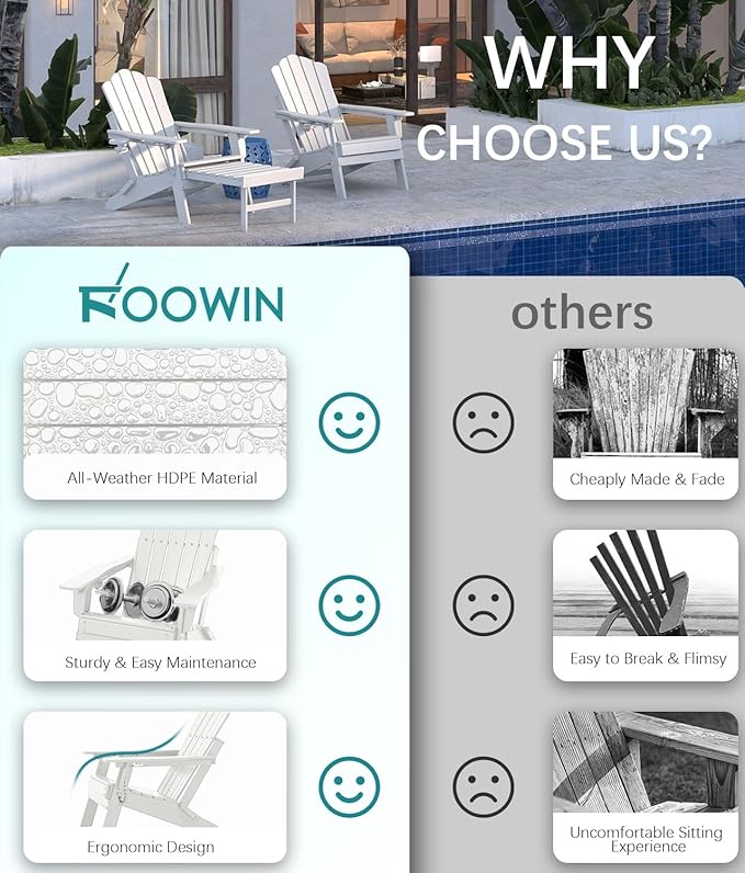 FOOWIN Adjustable Adirondack Chair with Retractable Ottoman Set of 6, Folding Adirondack Chair with Cup Holder, HDPE All-Weather Fire Pit Chair for Patio, Yard, Poolside, White