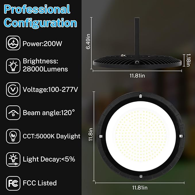 6 Pack 200W High Bay Led Lights, High Brightness 28000 LM with US Plug 5ft Cable,5000K,100V-277V, UFO Led High Bay Light for Warehouse Workshop Factory Barn Garage