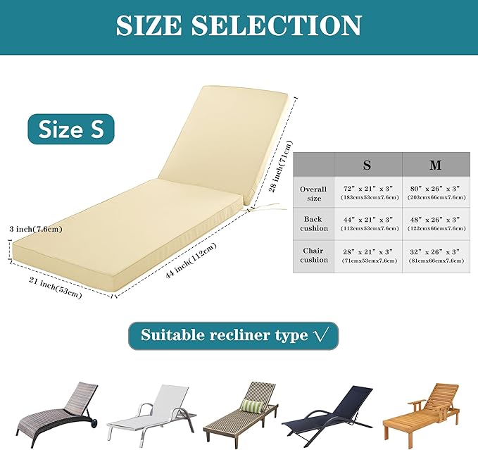 Chaise Lounge Cushion Outdoor, Waterproof and Stain-Resistant Lounge Deck Reclining Chair Cushions for Patio Furniture Lawn Pool Resort Hotel, 80x26x3 Inch, Set of 4, Beige