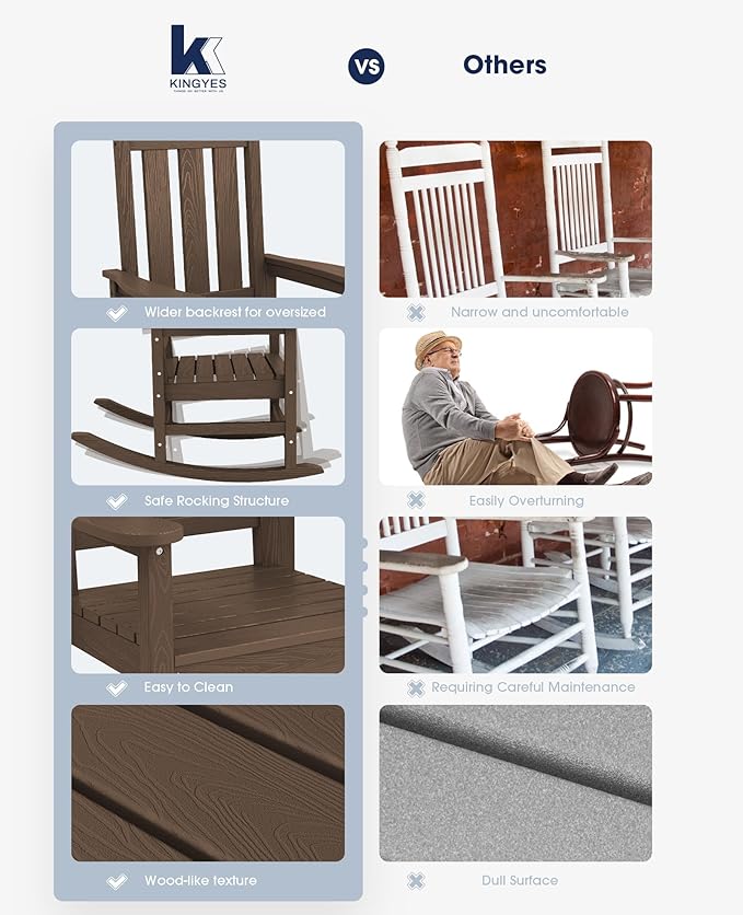 KINGYES Oversized Outdoor Rocking Chair Set of 4, All-Weather Patio Rocking Chairs for Porch, HDPE Outdoor Patio Rockers with High Back & Wide Seat for Garden, Lawn, Brown