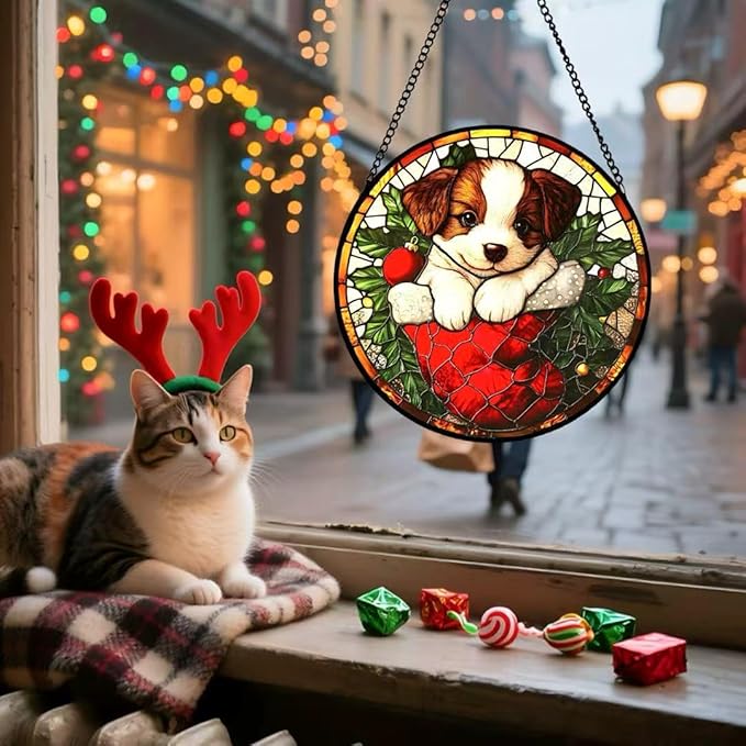 Stained Glass Window Hanging - A Dog in Christmas Stockings Suncatcher fof Garden Home Decor for Women Mon Grandma Friends