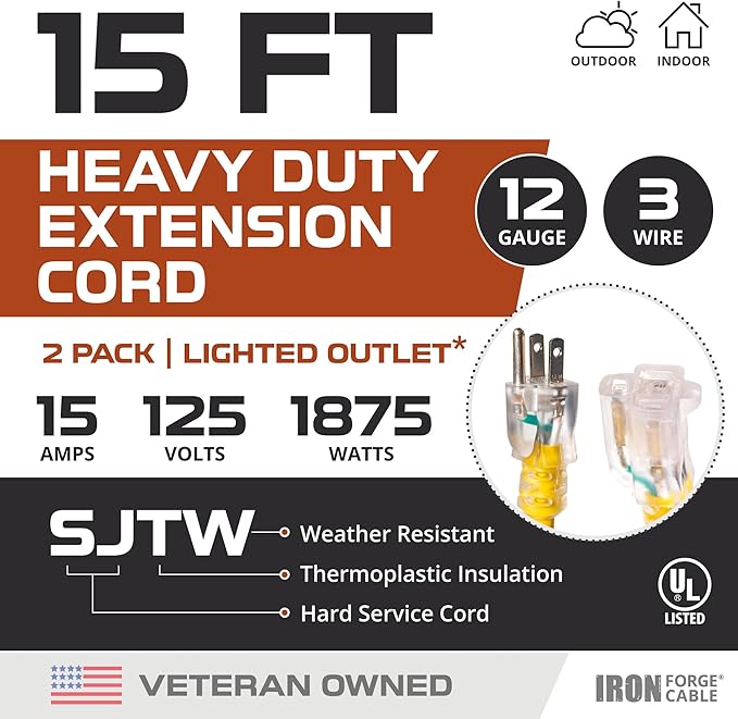 Iron Forge Cable Lighted Outdoor Extension Cord 15 ft 2 Pack - 12 Gauge 15 Amp Heavy Duty Power Extension Cords - SJTW - Great for Major Appliances, Power Tools, Garden Supplies - Yellow