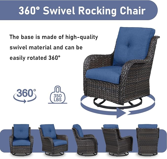 Wicker Patio Furniture-7 Pieces Rattan Patio Furniture Set Outdoor Patio Couch with Swivel Patio Chairs Ottomans and Coffee Table for Deck Poolside Backyard-Brown/Blue