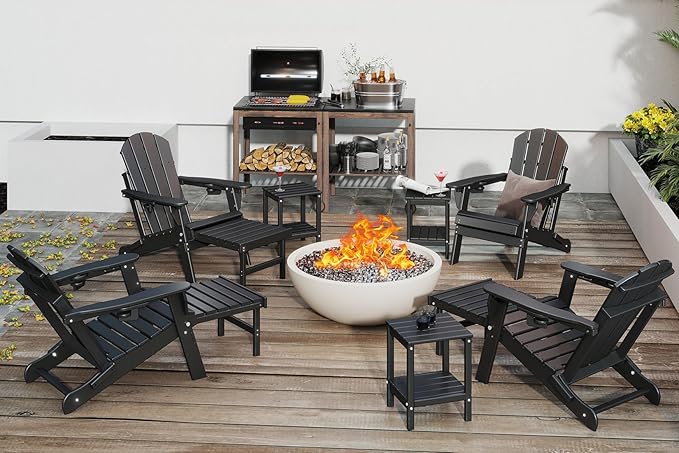 GREENVINES Adjustable Adirondack Chair with Retractable Ottoman Set of 2 | Folding | HDPE Plastic | Fire Pit Chairs w/Foot Rest | 2 Cup Holders | Black | for Outdoor Patio Poolside Deck