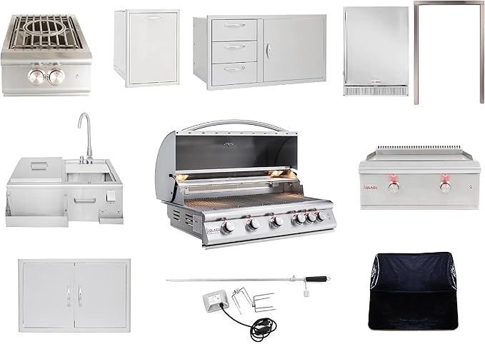 BLAZE BBQ Outdoor Package 7 of 40” LTE Built-in Natural Gas Grill, Gas Griddle, Gas Power Burner, Beverage Center, 39” Door &Three Drawers Combo, Trash Drawer, Double Access Door, and Accessories