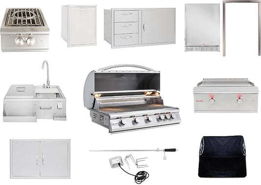 BLAZE BBQ Outdoor Package 7 of 40” LTE Built-in Natural Gas Grill, Gas Griddle, Gas Power Burner, Beverage Center, 39” Door &Three Drawers Combo, Trash Drawer, Double Access Door, and Accessories