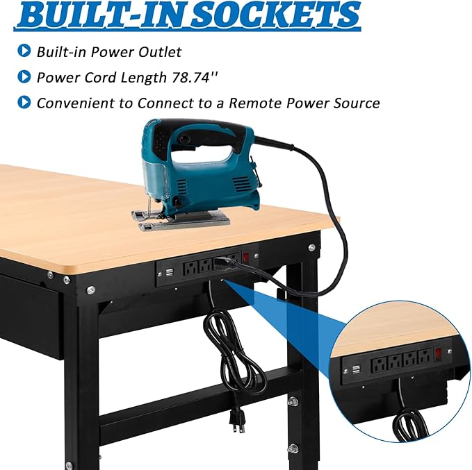 Workbenche with Drawers,60'' Workbench with Power Outlet for Garage,2700 Lbs Capacity Adjustable Workbench,Heavy Duty Table for Workshop Office Home Commercial