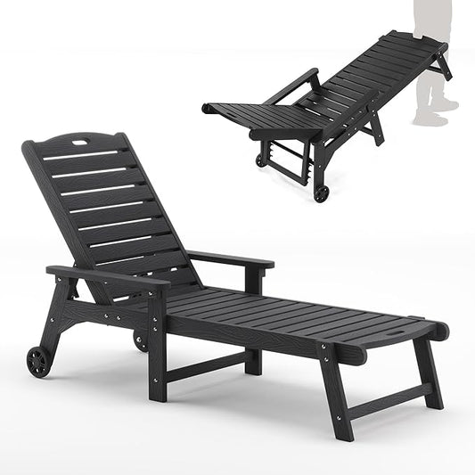 LUE BONA Outdoor Chaise Lounge, 79'' Oversized HDPS Chaise Lounger, 5 Positions Adjustable Lounge Chairs, Pool Lounge Chair with Wheels for Poolside, Backyard, 3 Year Warranty, Black