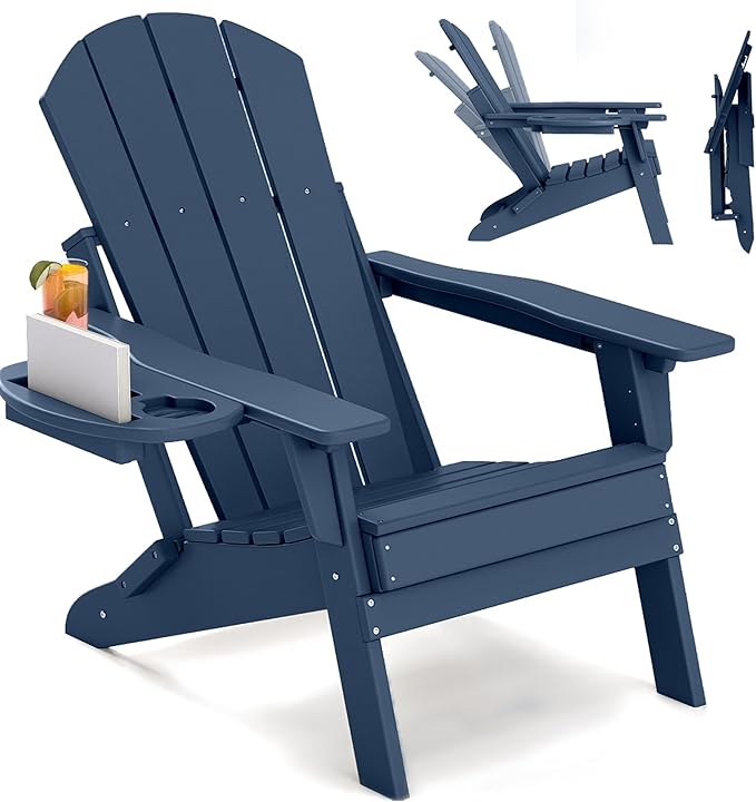 FOOWIN Folding Adjustable Adirondack Chair,HDPE Adirondack Chair w/4 in 1 Cup Holder Trays,All-Weather Resistant Fire Pit Chair, Outdoor Chair for Patio Lawn Poolside,400lbs,Navy Blue