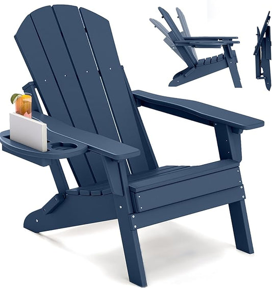 FOOWIN Folding Adjustable Adirondack Chair,HDPE Adirondack Chair w/4 in 1 Cup Holder Trays,All-Weather Resistant Fire Pit Chair, Outdoor Chair for Patio Lawn Poolside,400lbs,Navy Blue