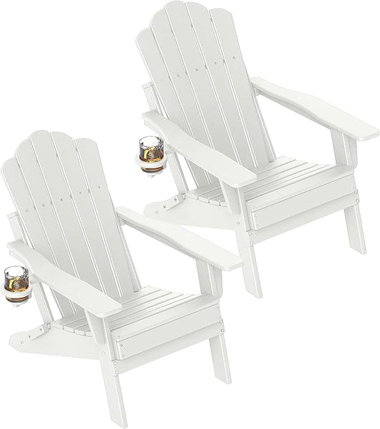 FOOWIN Adjustable Adirondack Chair Set of 2, Folding Adirondack Chair with Cup Holder, HDPE All-Weather Fire Pit Chair with 3 Recline Positions, Suitable for Patio, Garden, Backyard, Poolside, White