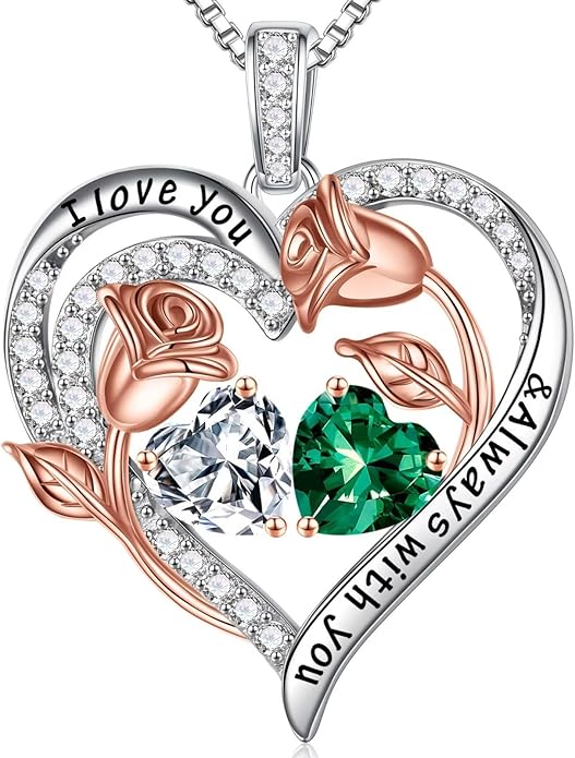 Iefil Christmas Gifts for Women Wife - 925 Sterling Silver Rose Heart Birthstone Necklace Birthday Anniversary Jewelry Gifts for Her Wife Mom Daughter