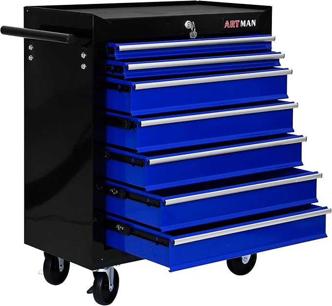 7 Drawers Tool Cart on Wheels,Multifunctional Rolling Tool Chest Tool Storage,Drawers Rolling Tool Trolley Organizer Tool Case for Garage, Warehouse, Workshop, Repair Shop (Black+Blue)