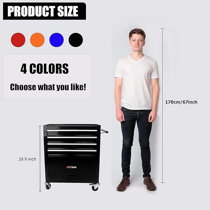 4 Drawers Rolling Tool Cart on Wheels, Trolley Organizer Tool Case Tool Chest, Multifunctional Tool Storage Tool Box for Workshop, Garage, Warehouse, Repair Shop (4 Drawers-29.3" H-Black)