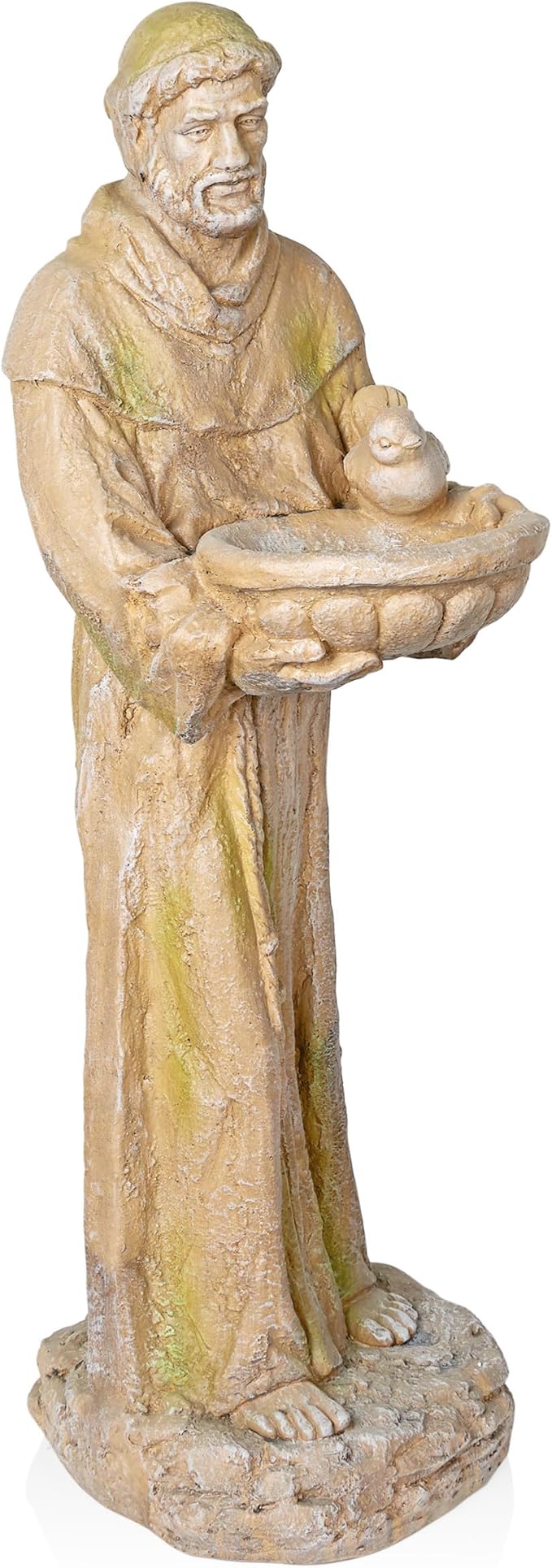 Alpine Corporation QFC107-201 Old World St. Francis Statue with Bird Feeder and Mossy Finish, 45" H, Tan and Green