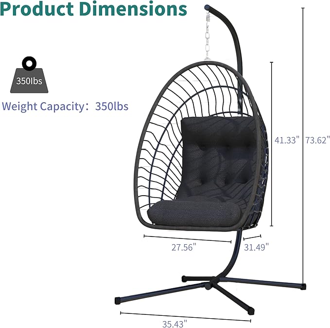 Kingdura Hanging Egg Chair with Stand Indoor Outdoor, Foldable Rattan Wicker Hammock Egg Swing Chair for Bedroom Porch Patio Garden, Thickened Cushion, 350LBS Capacity, Heavy Duty Frame