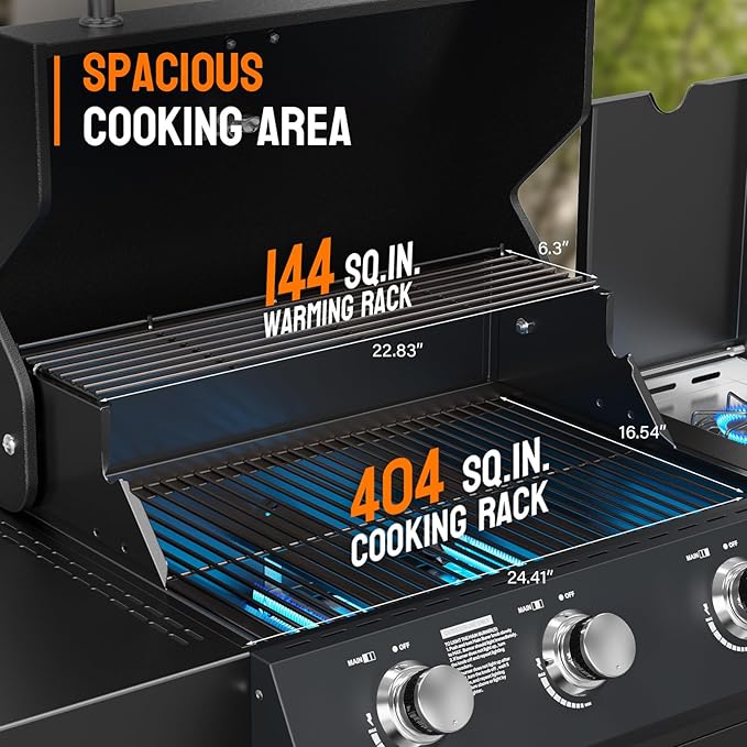ROVSUN 3 Burner Propane Gas Grill with Side Burner, 46,000BTU BBQ Grills with Enameled Cast Iron Grates, Shelf & Cabinet for Outdoor Garden Patio Backyard Barbecue Cooking