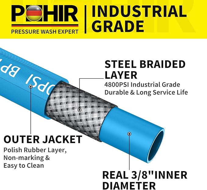 POHIR 100ft Pressure Washer Hose 3/8" 4800 PSI, Kink Resistant Industrial Grade Hose with Quick Connect Ends and Adapters for Hot & Cold Water up to 248°F, Steel Wire Braided Hose for Power Washing