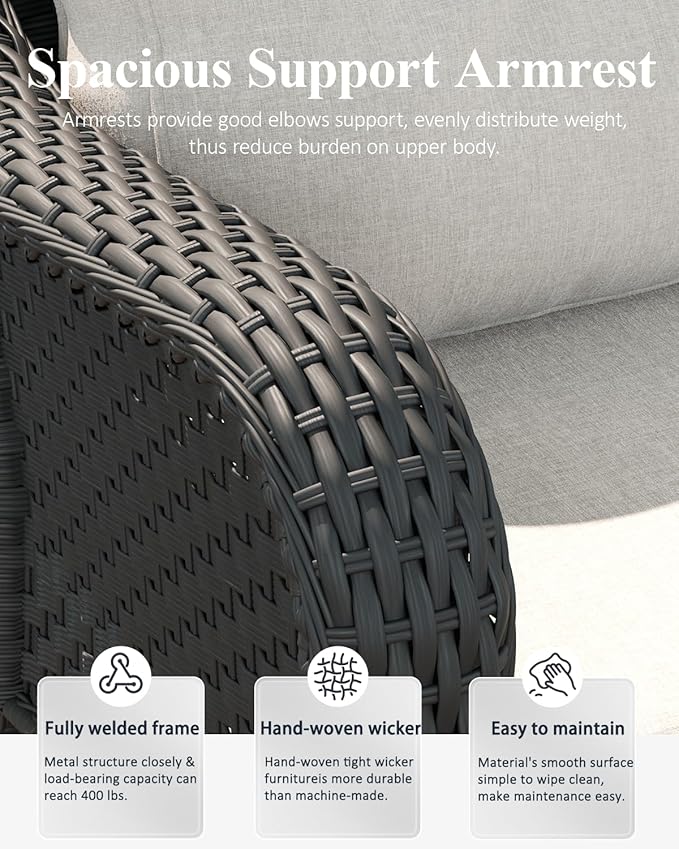 LayinSun 7 Piece Wicker Outdoor Furniture Set with 6-inch Comfy Cushions, High Back Patio Furniture Set with Rattan Armchairs and Fire Pit Table