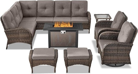 Belord 8 Pieces Patio Conversation Set with 43” Propane Fire Pit Table, Outdoor Sectional Furniture Sofa Set with Removable Cushions for Patio Deck Backyard Brown
