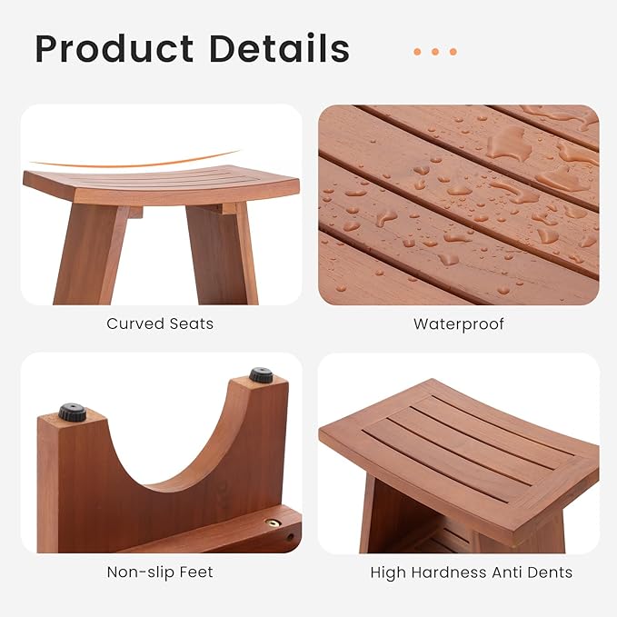 EROMMY 18" Teak Shower Bench with Storage Shelf, Solid Teak Wood Shower Seat, Waterproof Shower Stool for Shaving Legs, Heavy Duty Shower Chair for Inside Shower Bathroom Indoor Outdoor Patio Pool