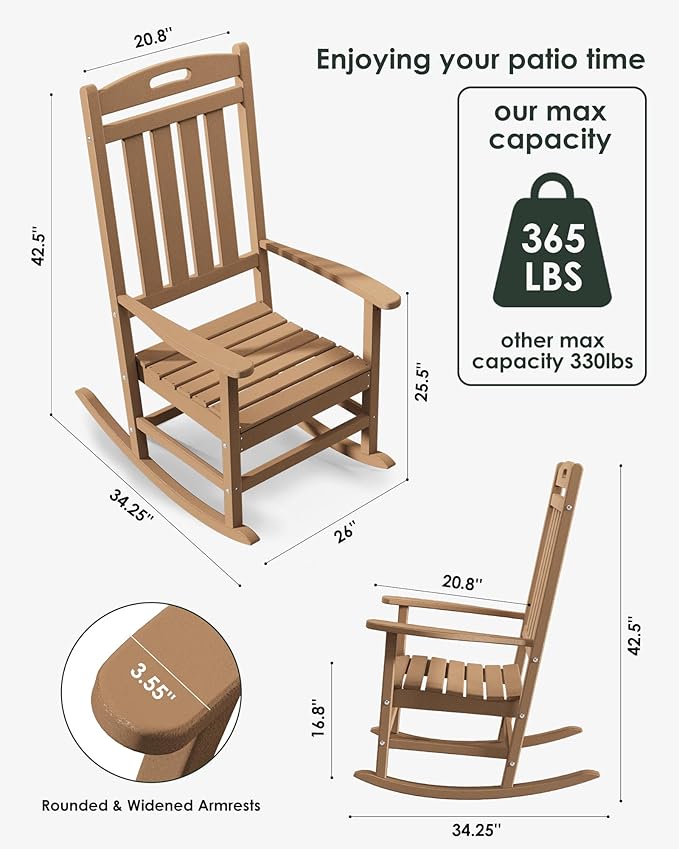 Outdoor Rocking Chair Set of 6, All-Weather Resistant Poly Lumber Rocker Chair Outdoor, High Back Plastic Patio Rocking Chairs for Outside Porch Rocker Garden Lawn, Weather Wood