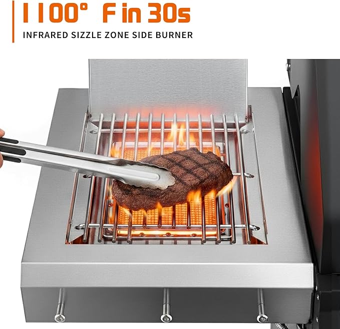 SKOK 4 Burner Propane Gas Grill with Infrared Side and Rear Burners, Outdoor BBQ Grill with Cast Iron Grates, Barbecue Grill with Wheels, 60,000BTU Output