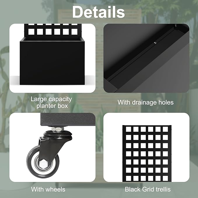 Metal Planter Box with Trellis, Privacy Planter for Patio, 24" L×12" W×63" H Raised Garden Bed withTrellis, Drainage Holes (Black Grid)