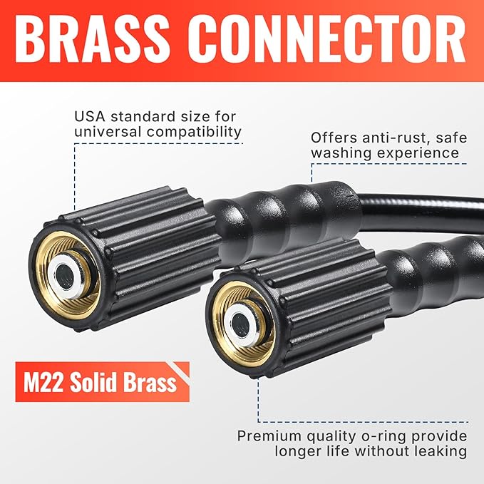 YAMATIC Pressure Washer Hose 50FT 1/4" ID, Standard (2) M22 Brass Fittings, 3200 PSI Kink-Resistant Replacement for Ryobi, Troy Bilt, Greenworks, CRAFTSMAN M22 Threads Power Washers