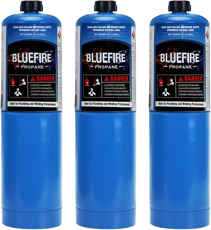 BLUEFIRE Standard Propane Gas Cylinder/Canister-Pack of 3，Propane Tank Small Propane Tanks 14.1 OZ Small Propane Tank,for Soldering, Brazing,Cooking Grilling Gardening and Camping
