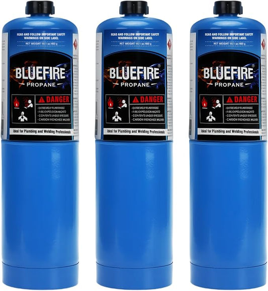 BLUEFIRE Standard Propane Gas Cylinder/Canister-Pack of 3，Propane Tank Small Propane Tanks 14.1 OZ Small Propane Tank,for Soldering, Brazing,Cooking Grilling Gardening and Camping