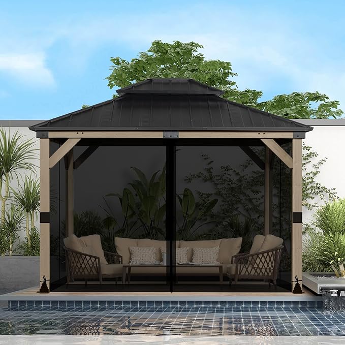 BPS 12' x 14' Gazebo Universal Mosquito Netting Screen Replacement, 4-Panel Screen Walls with Double Zippers for Outdoor Patio, Black (Mosquito Net Only)