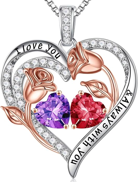 Iefil Christmas Gifts for Women Wife - 925 Sterling Silver Rose Heart Birthstone Necklace Birthday Anniversary Jewelry Gifts for Her Wife Mom Daughter