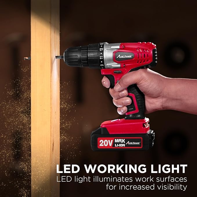 AVID POWER 20V MAX Lithium lon Cordless Drill Set, Power Drill Kit with Battery and Charger, 3/8-Inch Keyless Chuck, Variable Speed, 16 Position and 22pcs Drill Bits (Red)