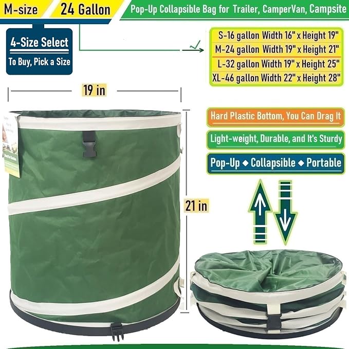 24-Gallon Collapsible Trash Can (19x21 in) Hard-Shell Bottom Yard Garden Bag for Leaf Bag,Yard Waste,Debris Bags,Recycling Bin,Pop-Up Trash Can,RV Camp Waste Bin,Laundry Hamper,Lawn Grass,Weeds Barrel